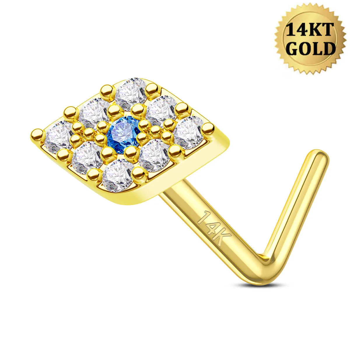 14K Solid Gold Evil Eye L-shaped Nose Stud