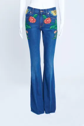 2016 Blue Denim Flared Jeans With Embroidered Patches