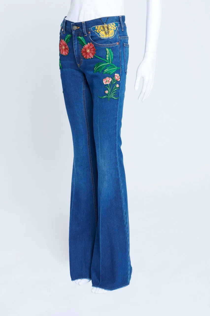 2016 Blue Denim Flared Jeans With Embroidered Patches