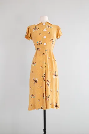 Adorable 1940's Rayon Swing Dress With Abstract Novelty Print / Small