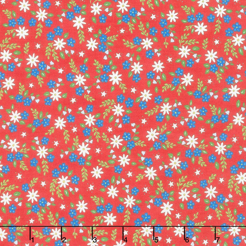 All American - Patriotic Floral Red Truck Yardage