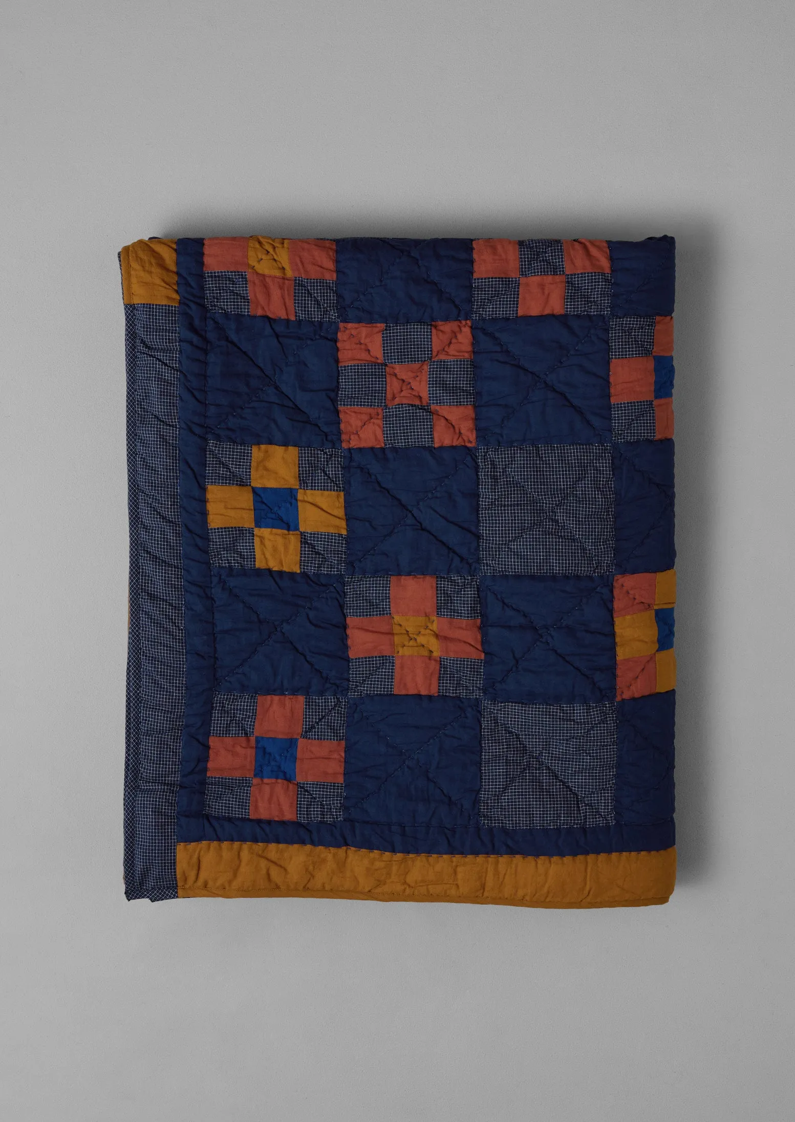 Astrid Check Patchwork Cotton Quilt | Deepest Blue/Sienna