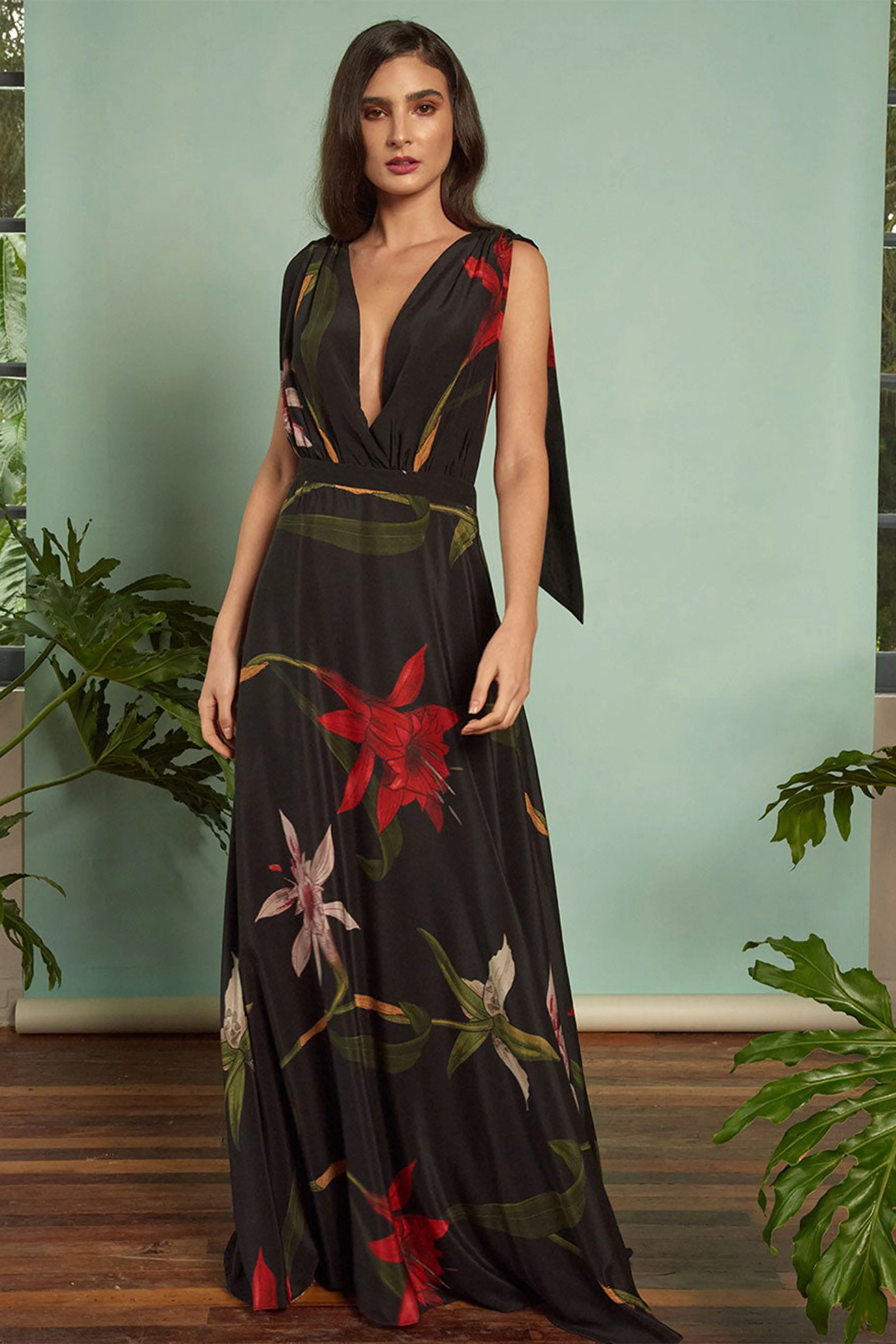 Black Flora Deep V Maxi Dress