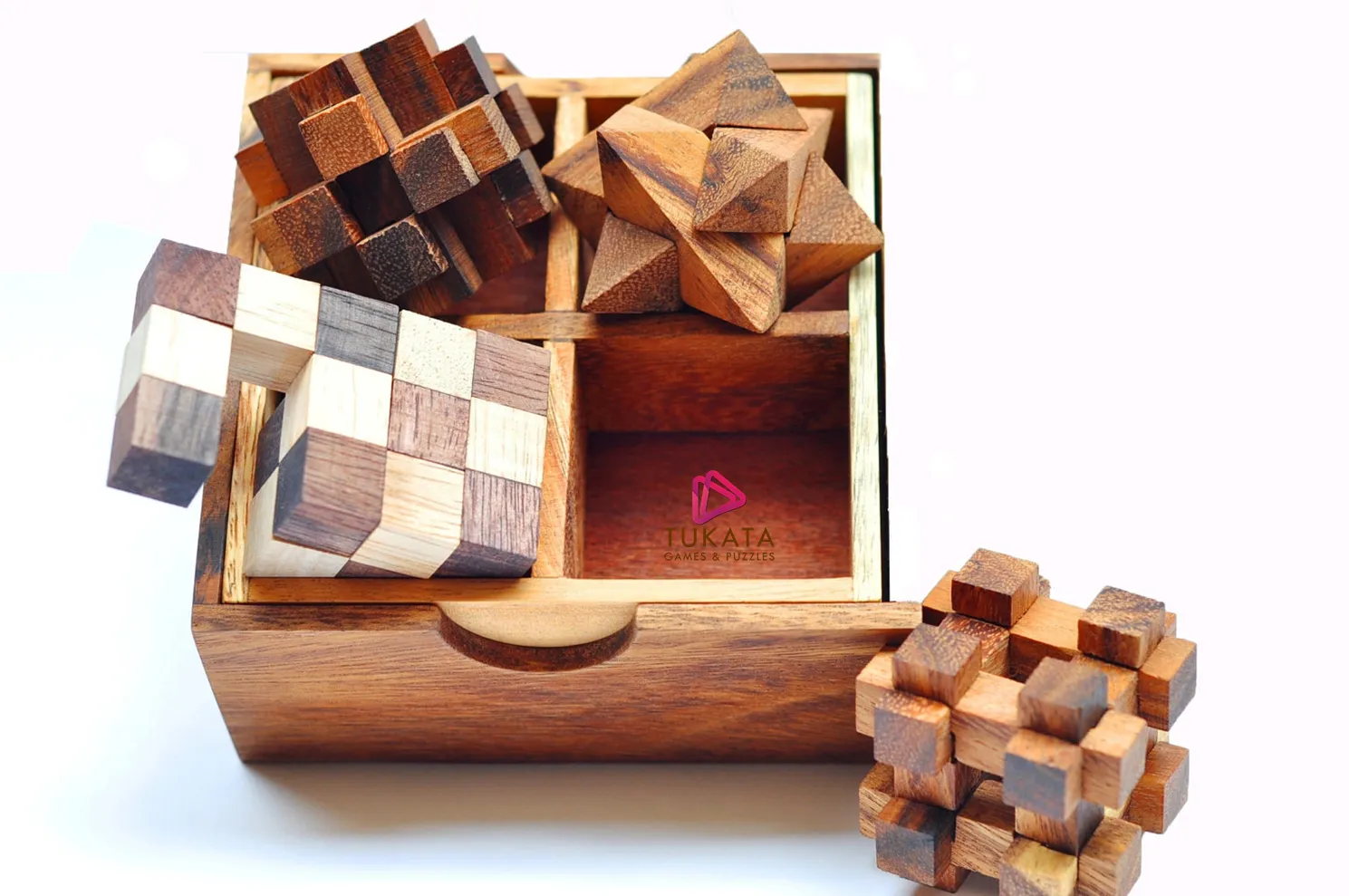 Brainteaser wooden puzzles set of 4 in a gift box.