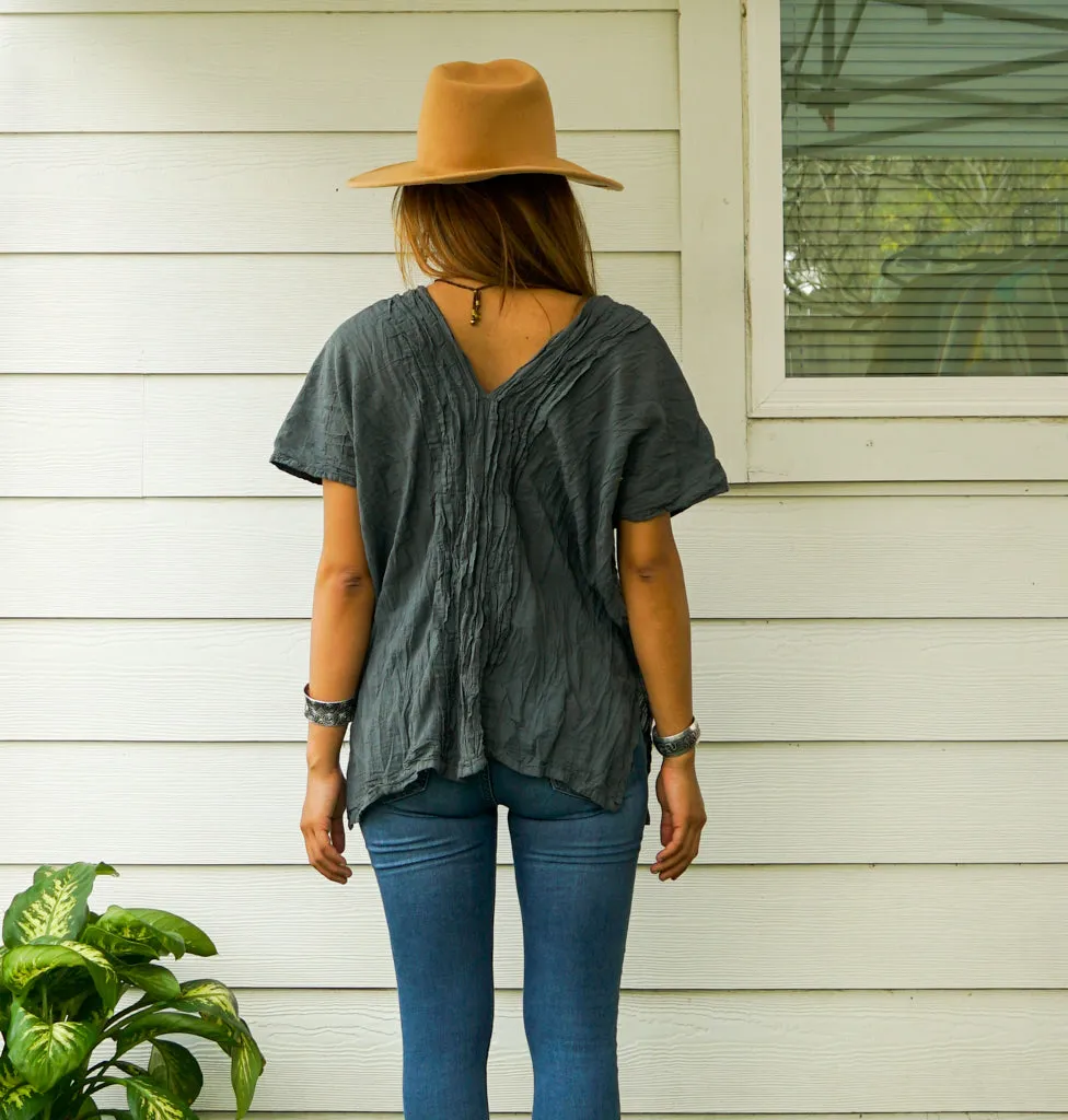 Gray Raw Natural Crinkled Cotton Gauze Blouse