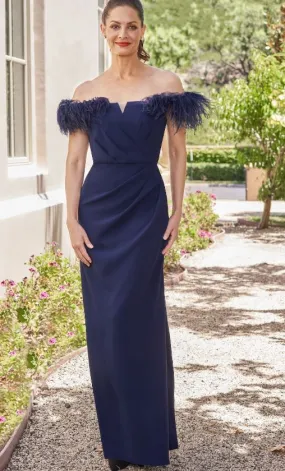 Jasmine 258001 Off The Shoulder Feather Straight Crepe Gown