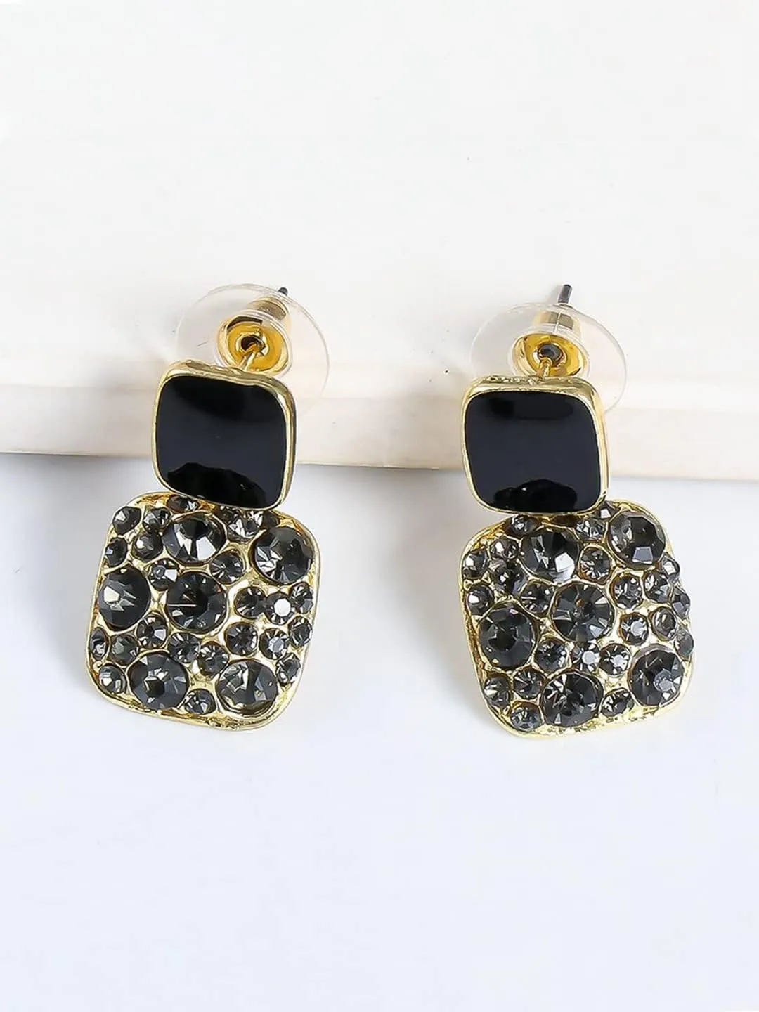 Kairangi Earrings For Women Black Stone Studded Geometrical Shape Stud Drop Earrings For Women and Girls