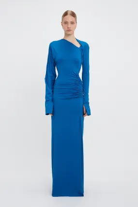 Long Sleeve Slash-Neck Jersey Floor-Length Gown In Ocean Blue