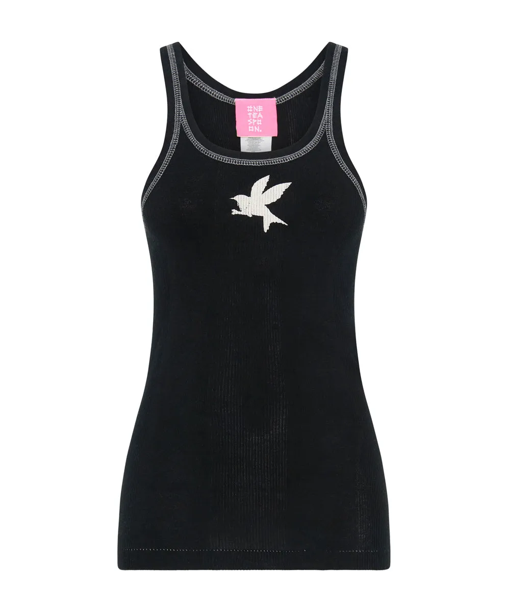 One Teaspoon Logo Bower Bird Ribbed Singlet - Jett Black