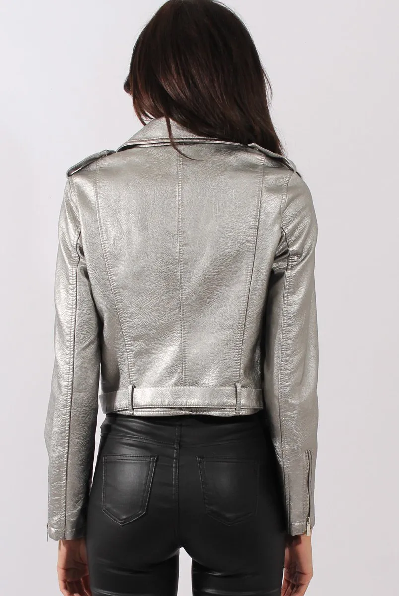 Silver Metallic Cropped Biker Jacket - Bianca