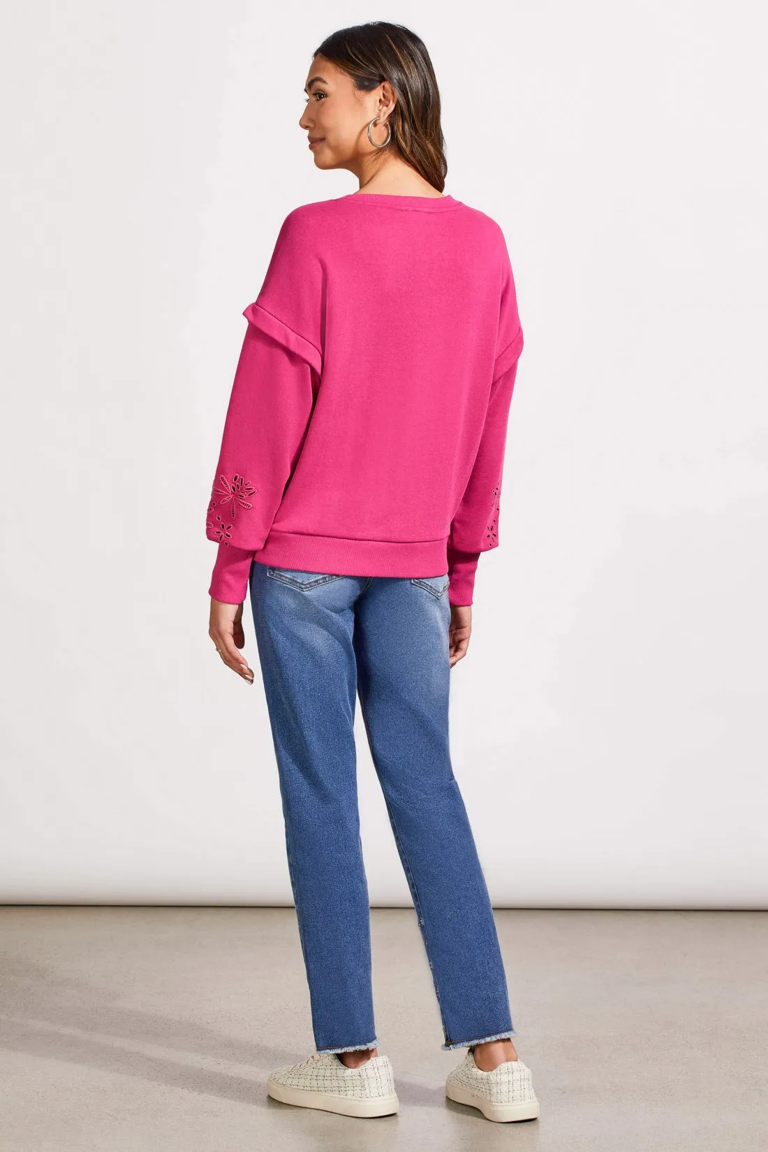 SOFT FRENCH TERRY CREW NECK PULLOVER WITH SLEEVE EMBELLISHMENT-Magenta haze