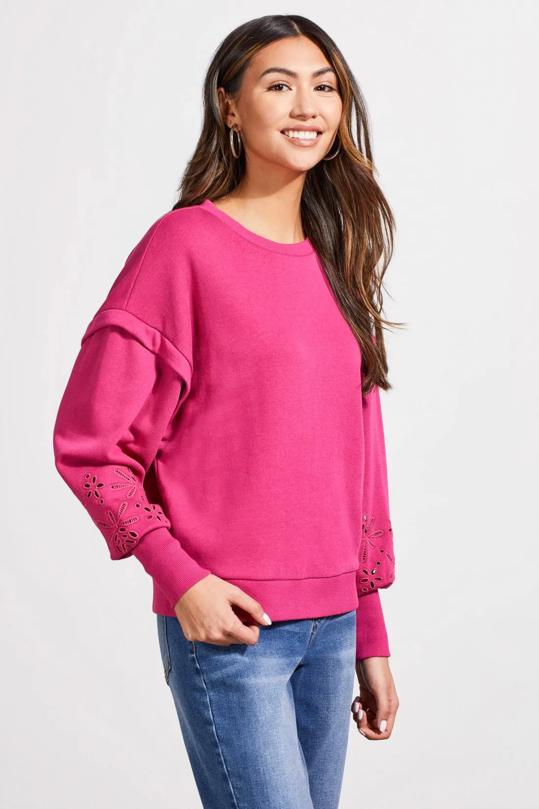 SOFT FRENCH TERRY CREW NECK PULLOVER WITH SLEEVE EMBELLISHMENT-Magenta haze