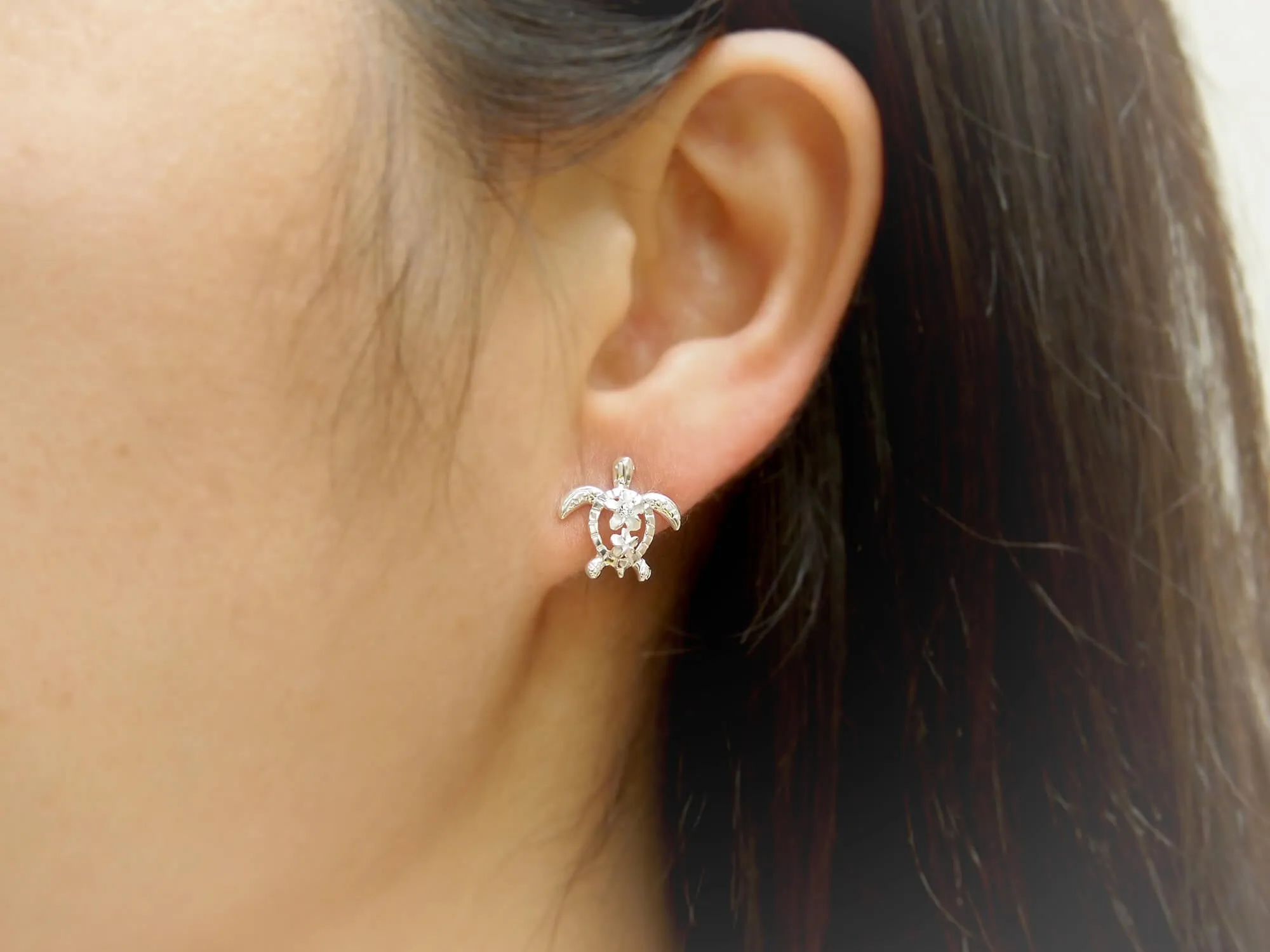 Sterling Silver Petroglyph Turtle Plumeria Stud Earrings