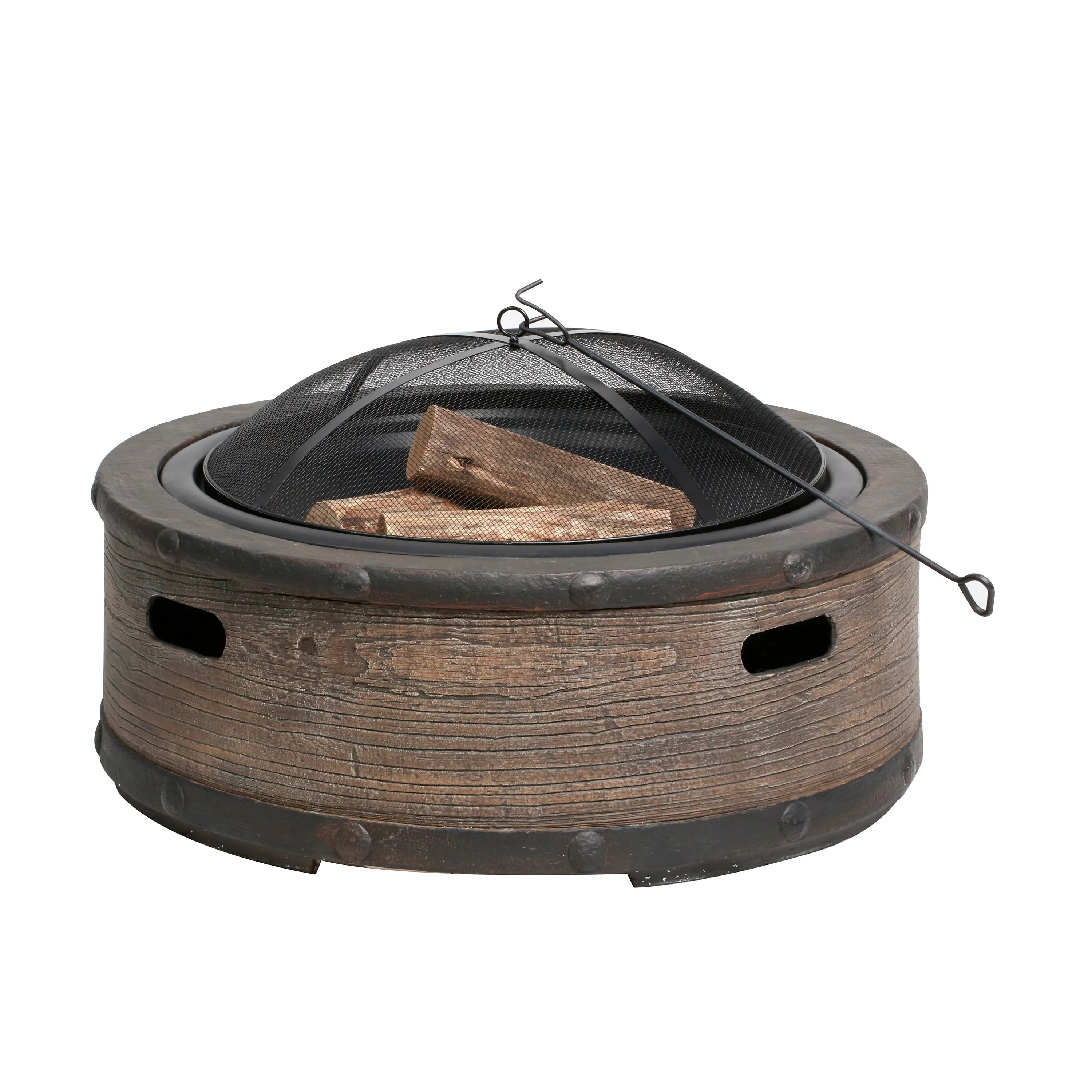 Sun Joe SJFP35-STN-BRL 35-in. Cast Stone Base, Wood Burning Fire Pit w/Dome Screen and Poker, Rustic Barrel