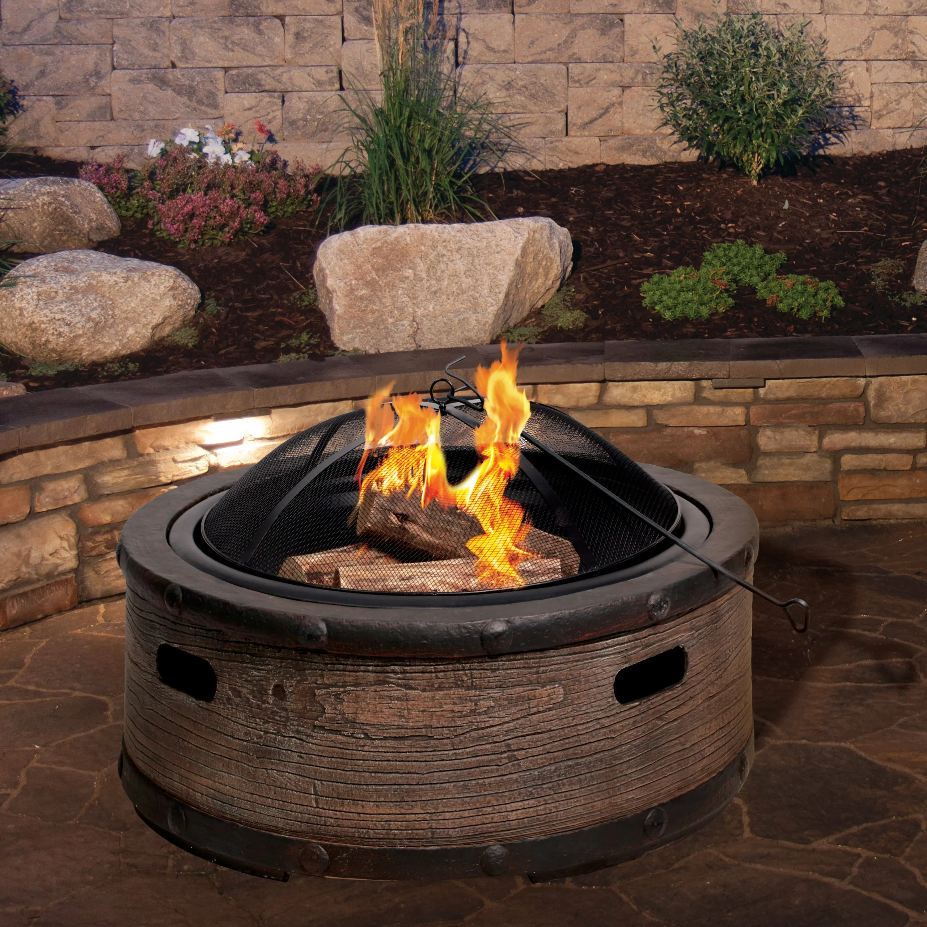 Sun Joe SJFP35-STN-BRL 35-in. Cast Stone Base, Wood Burning Fire Pit w/Dome Screen and Poker, Rustic Barrel