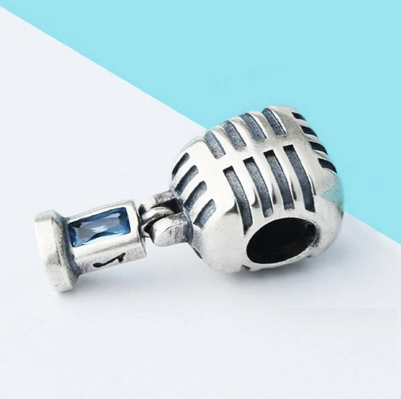 Vintage Microphone Crystal Charm 925 Sterling Silver