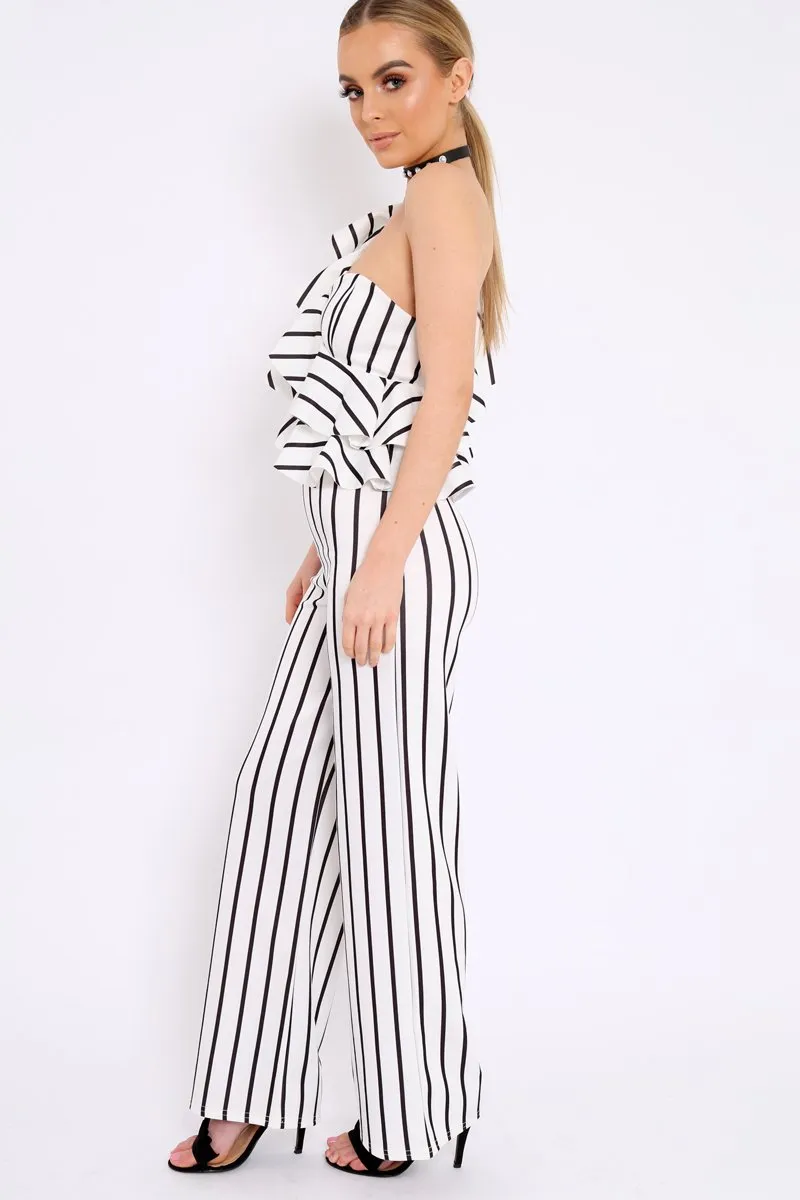 White Striped One Shoulder Ruffle Jumpsuit - Shelley