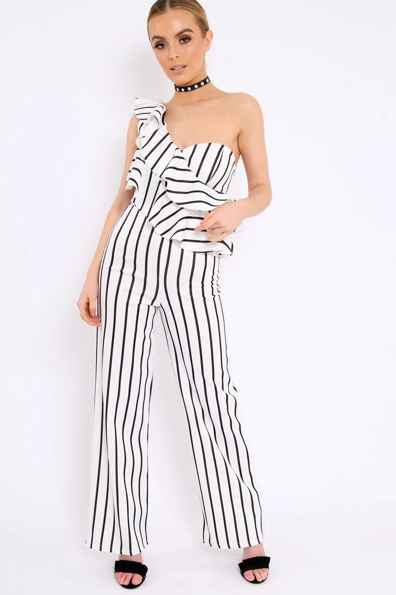 White Striped One Shoulder Ruffle Jumpsuit - Shelley