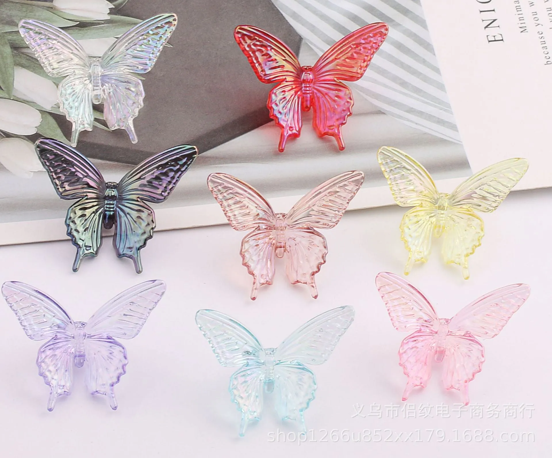 Wholesale 100PCS Acrylic High Transparent Color Straight Hole UV Plated Butterfly Beads