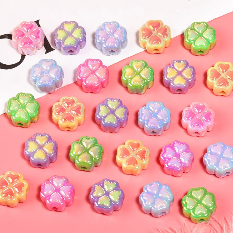 Wholesale 100pcs Acrylic Two-color Four-leaf Clover UV Plated Straight Hole Beads