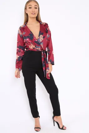 Wine Floral Plunge Satin Wrap Front Jumpsuit - Talulah