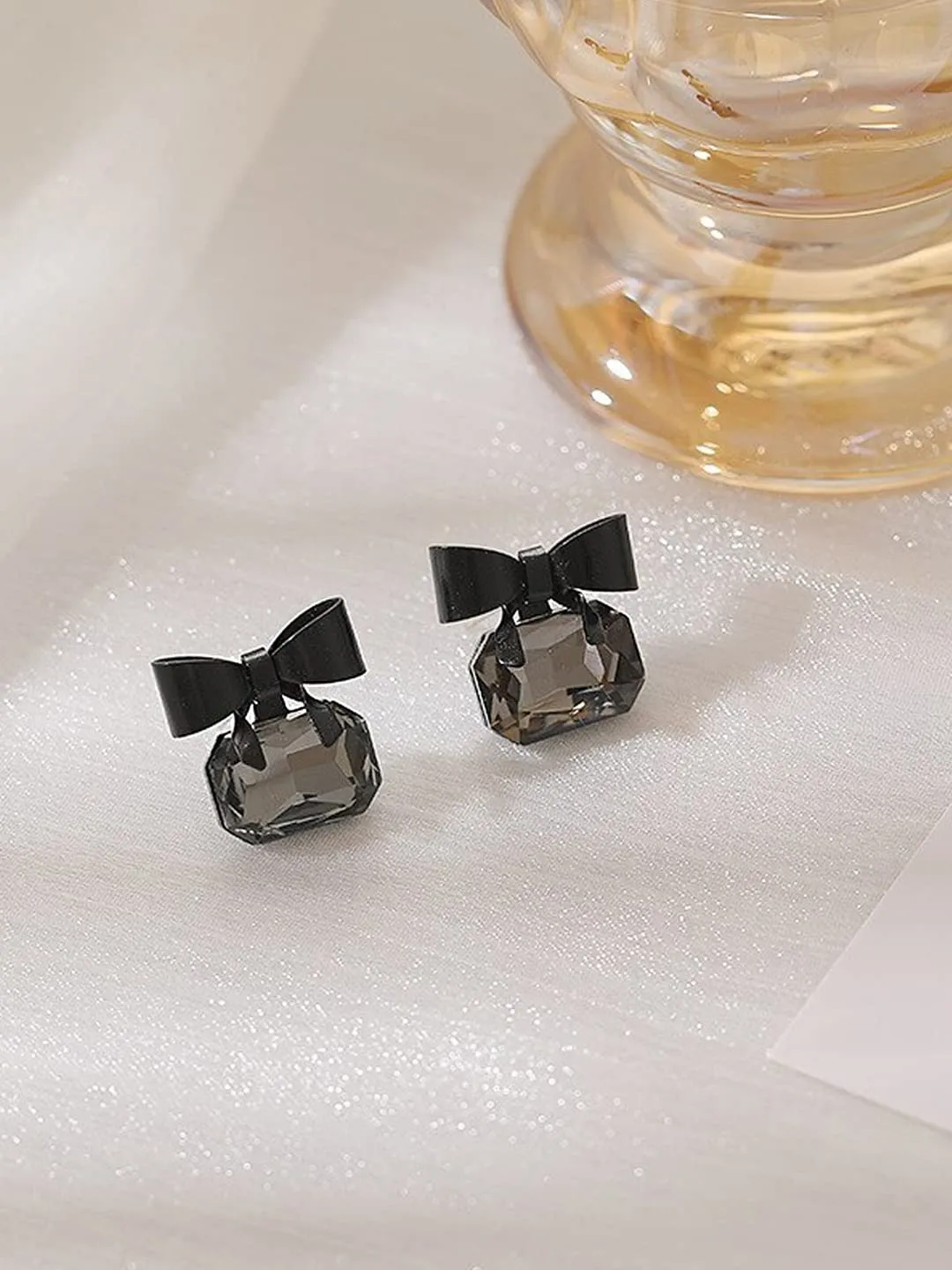 Yellow Chimes Earrings For Women Black Bow shape Crystal Drop Stud Earrings For Women and Girls