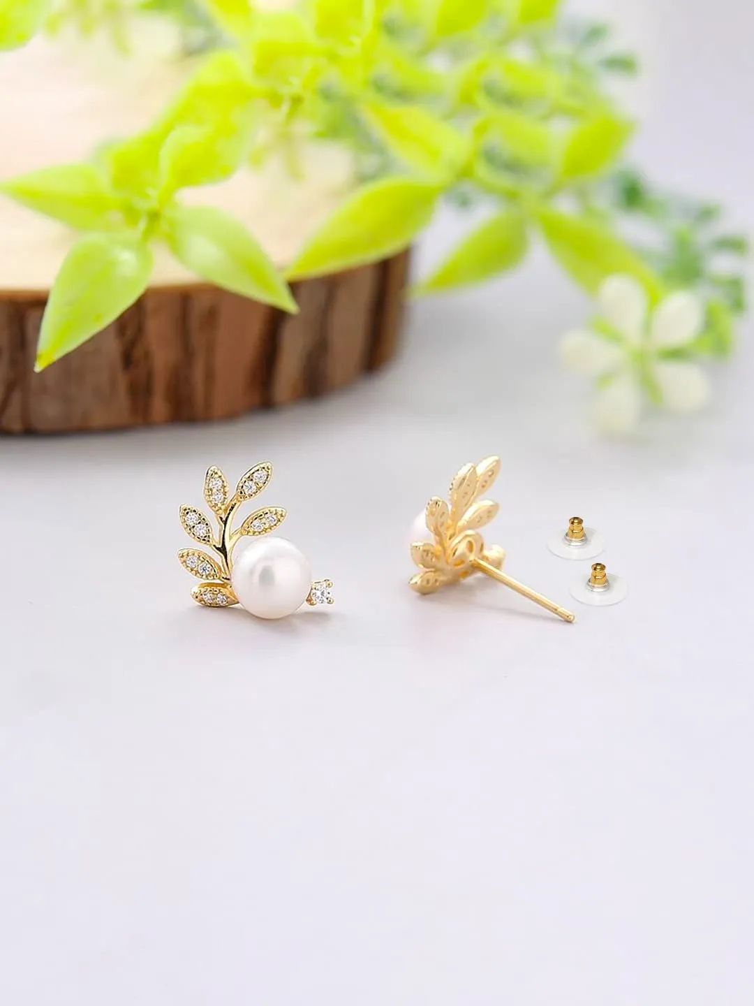 Yellow Chimes Earrings For Women Gold Tone Leaflet Designed Pearl Studded Stud Earrings For Women and Girls