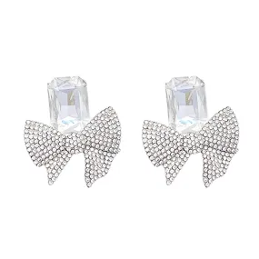 Yellow Chimes Earrings For Women Silver Tone Crystal Studded Bow Knot Shape Stud Earrings For Women and Girls