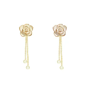 Yellow Chimes Earrings For Women White Flower Stud With Linear Chain Hanging Pearl Drop Dangler Earrings For Women and Girls